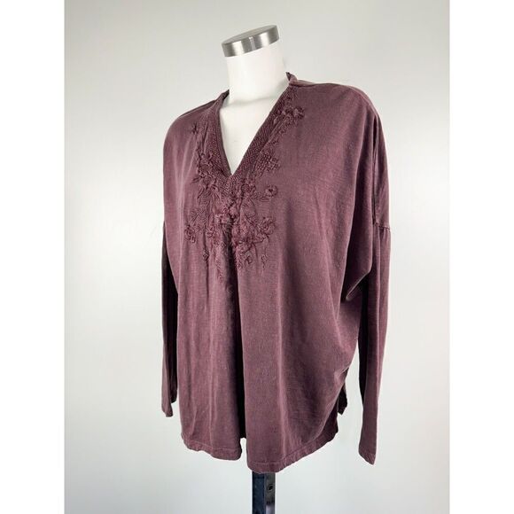 Karyn Seo Sz XL Embroidered Relaxed Neutral soft Stretch Casual V Neck Top - Picture 1 of 7
